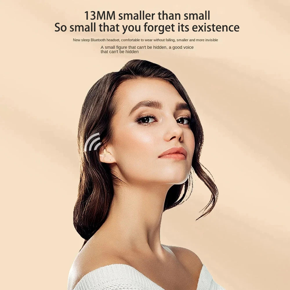 Model showcasing mini invisible TWS earbud, highlighting its compact design and comfort for wireless listening.