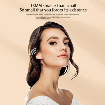 Model showcasing mini invisible TWS earbud, highlighting its compact design and comfort for wireless listening.