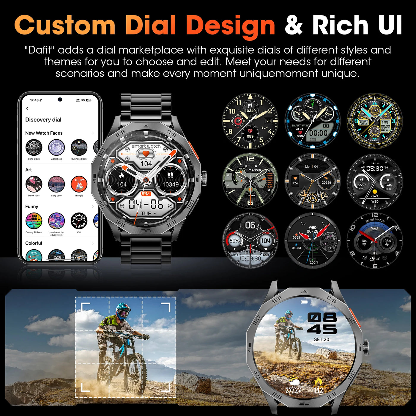 Custom smartwatch dials display with rich UI options for diverse styles and themes.