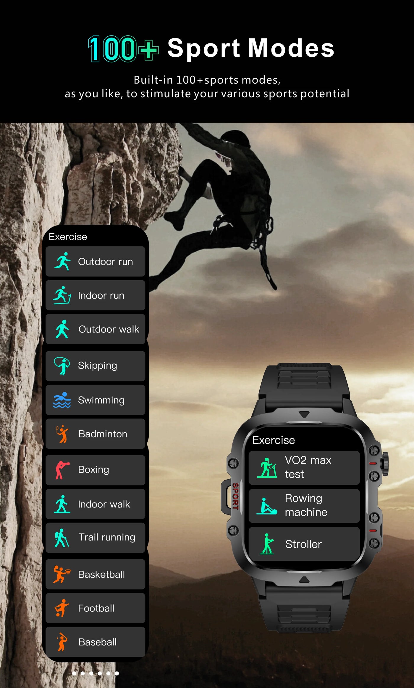Rugged military smart watch showcasing 100+ sports modes for tracking various outdoor and indoor activities.
