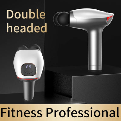 Double headed massage gun with digital display, designed for deep tissue muscle relief and recovery for athletes.