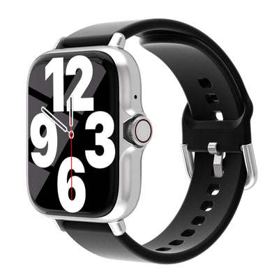 Waterproof smart watch with large display and black silicone band, featuring call and message alerts.