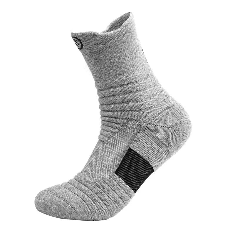Grey elastic compression sports sock featuring breathable towel tube design for basketball and active wear.