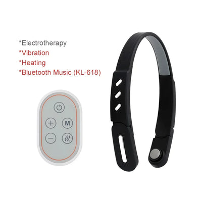 Wireless head massager with remote control featuring electrotherapy, vibration, heating, and Bluetooth music.