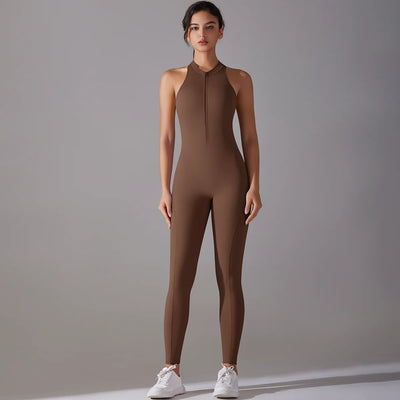 Women in brown bodysuit with zipper, ideal for yoga and gym workouts, showcasing tummy control and butt lifting features.