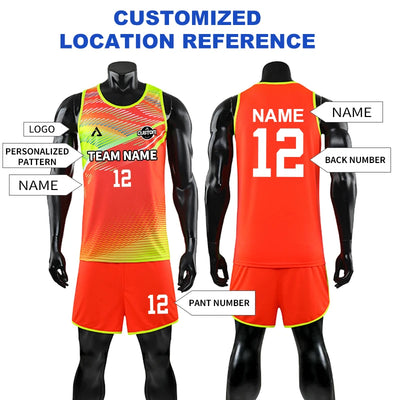 Customizable basketball jersey featuring vibrant colors, team name, and personalized options with logo and numbers.