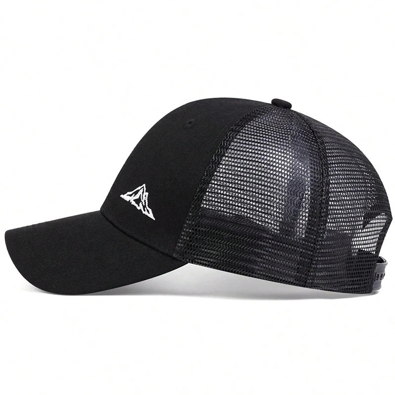 Unisex mountain embroidery baseball cap, adjustable sun hat for outdoor activities, black mesh and polyester material.