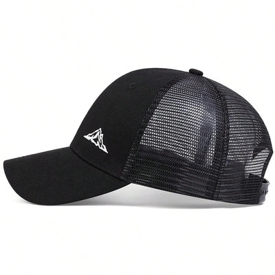Unisex mountain embroidery baseball cap, adjustable sun hat for outdoor activities, black mesh and polyester material.