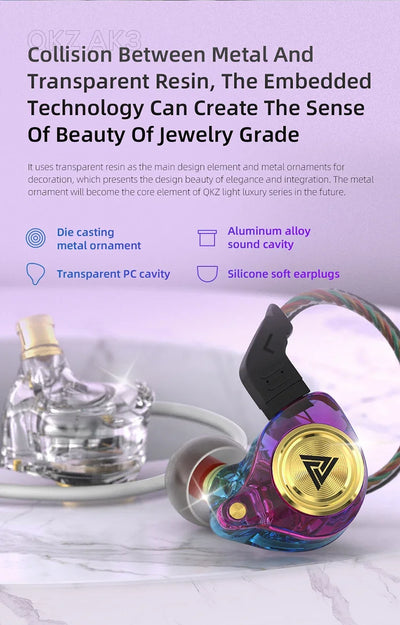 QKZ AK3 wired earbuds showcasing a blend of metal and transparent resin design, highlighting jewelry-like beauty and craftsmanship.