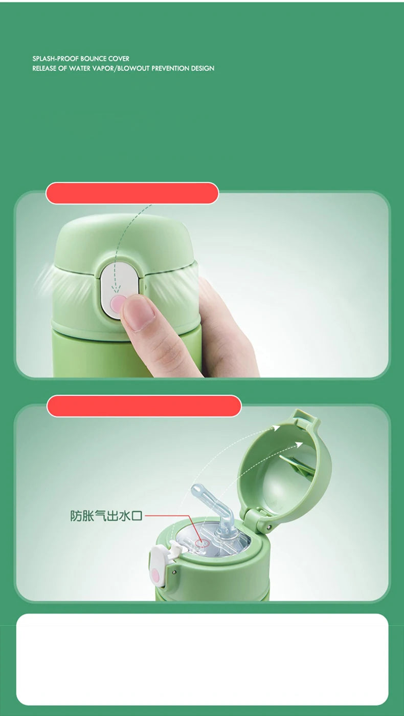 GIANXI Bouncing Straw Thermos in green, showing splash-proof cover and unique release button for water vapor prevention.