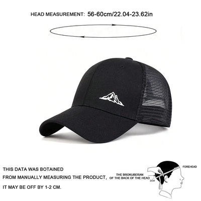 Unisex black mountain embroidery baseball cap with adjustable size, perfect for outdoor sun protection.