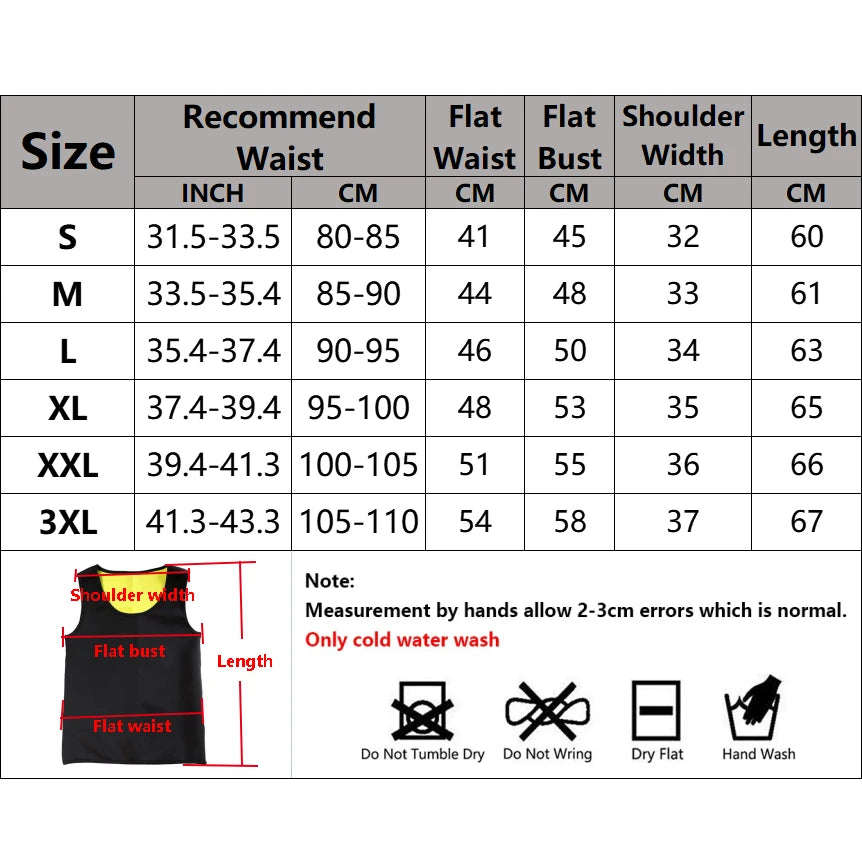 Size chart for Men’s Slimming Body Shaper Vest showing recommended waist and measurements for various sizes.