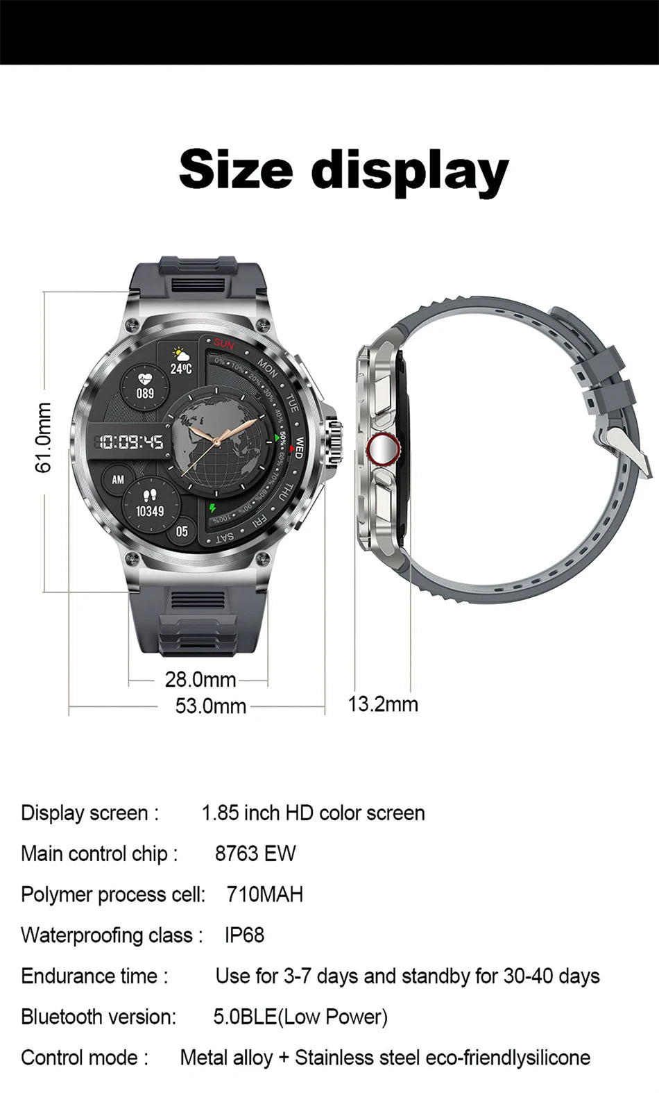 Size display of a GPS Smart Watch featuring an 1.85 inch HD color screen and durable alloy and silicone materials.