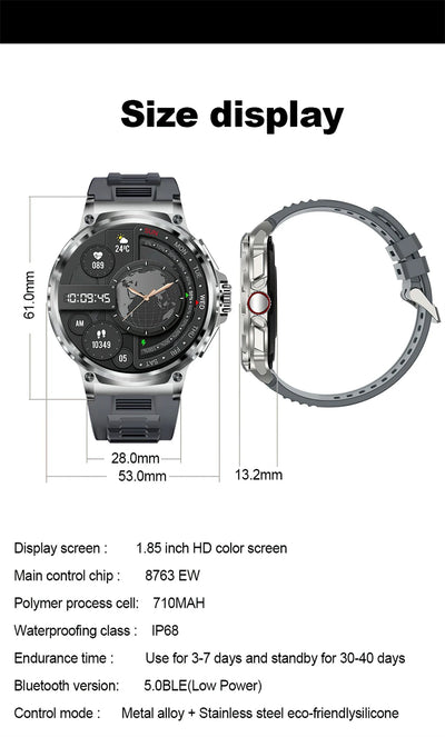 Size display of a GPS Smart Watch featuring an 1.85 inch HD color screen and durable alloy and silicone materials.
