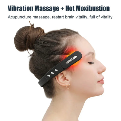 Woman using wireless massage device for vibration and hot moxibustion therapy on her head.