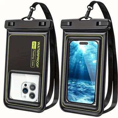 Waterproof phone bag for swimming and surfing, compatible with iPhone, Samsung, Xiaomi, and Google devices.