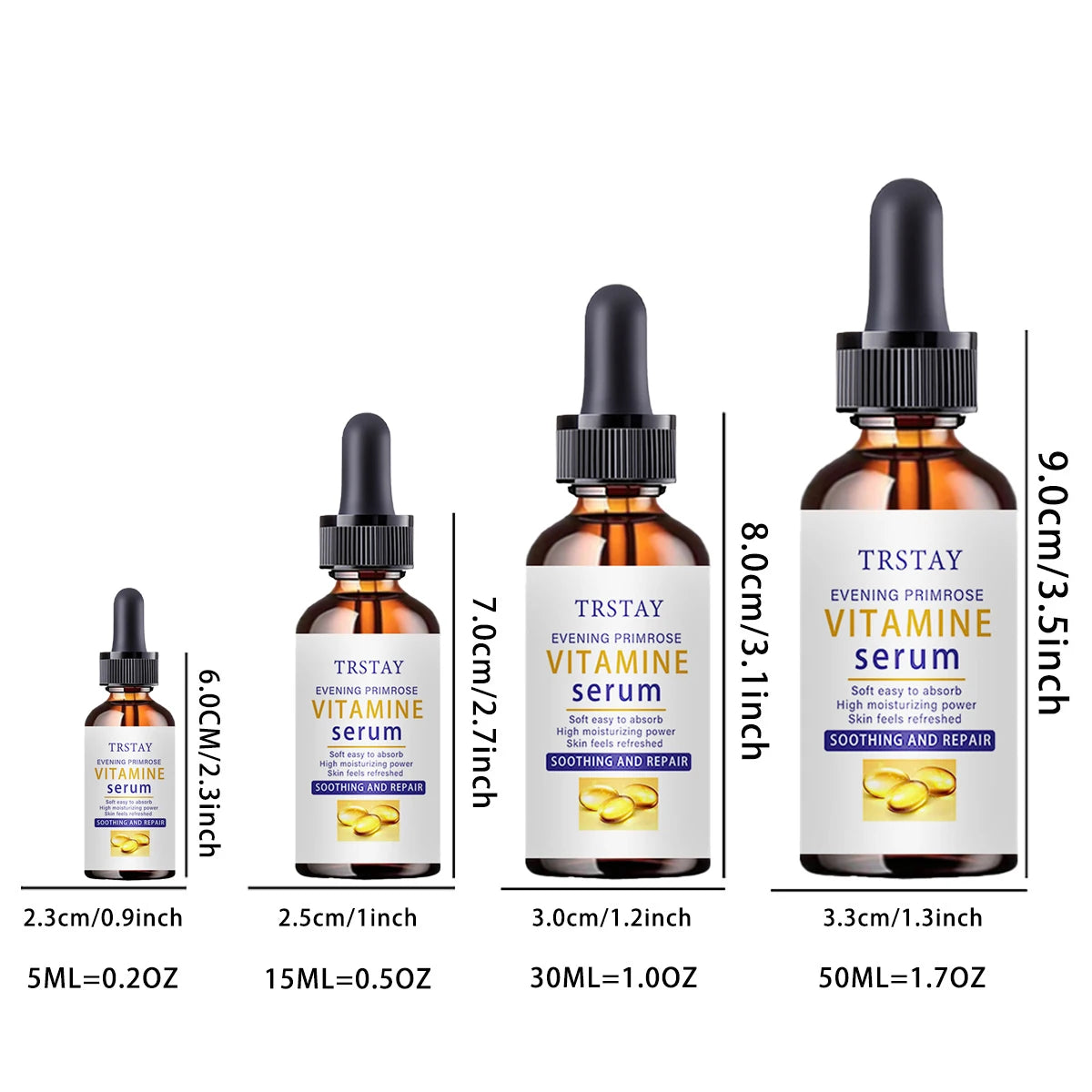 Evening primrose oil serum bottles in various sizes, showcasing anti-aging and skin soothing features.