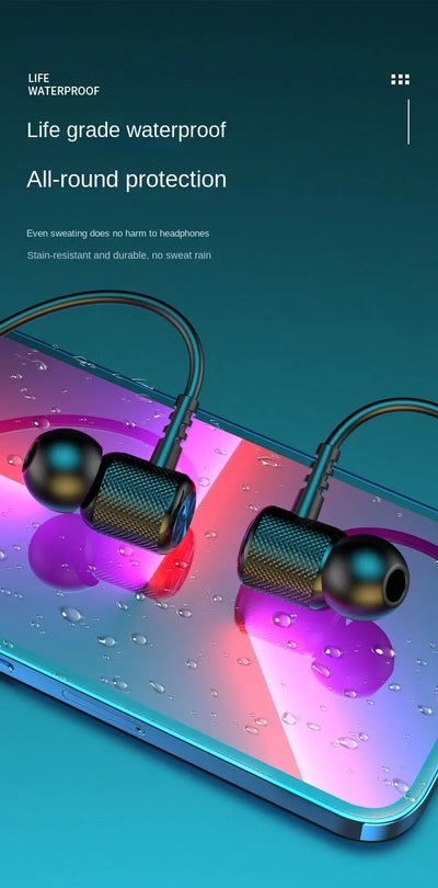 Wireless Bluetooth headphones displayed on a wet surface, showcasing life-grade waterproof protection and durability.