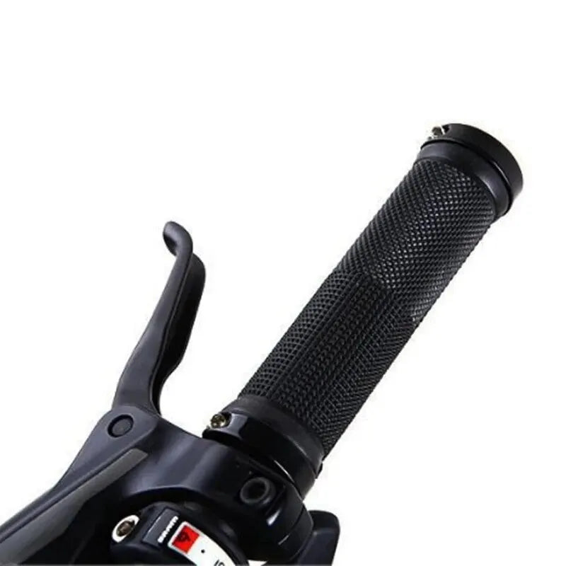 Non-slip rubber bike grip close-up with double lock-on design and textured surface for enhanced cycling control.