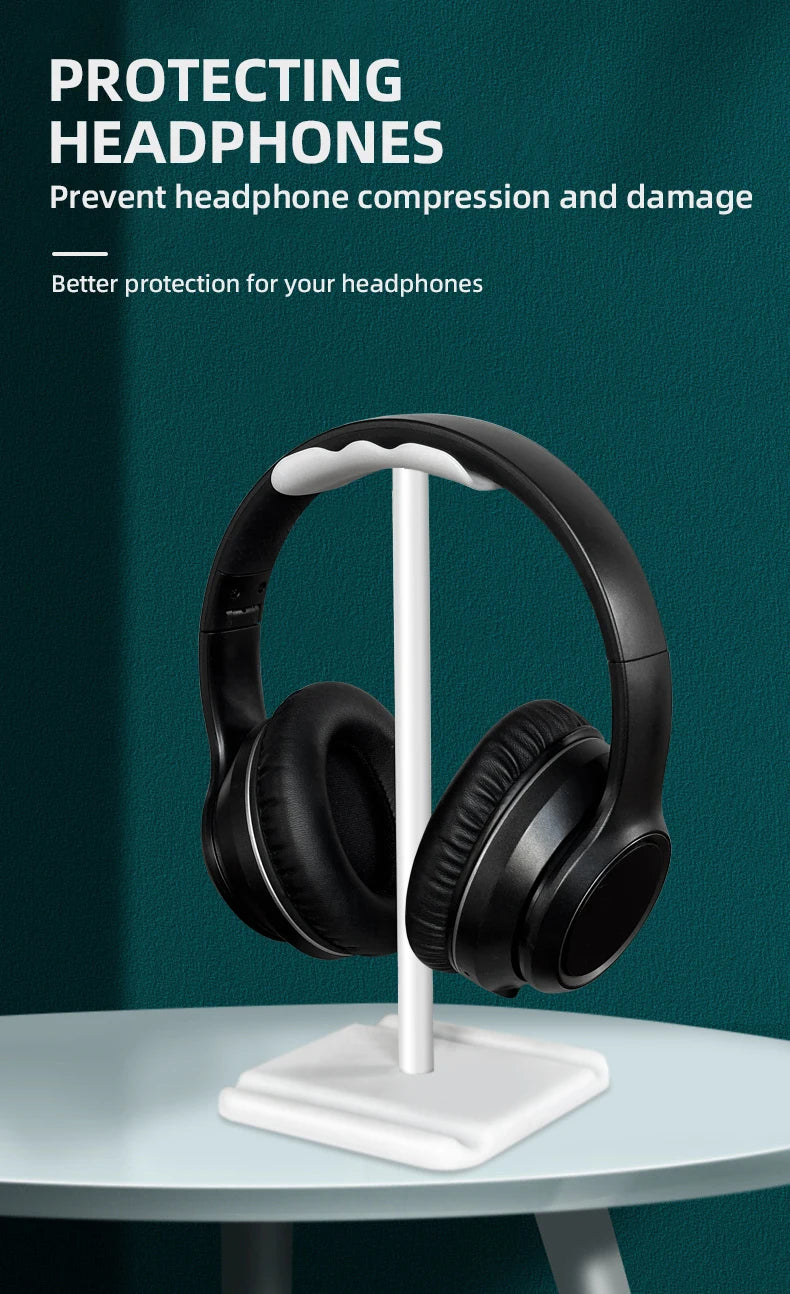 Universal headphone stand rack for desktop storage and headphone protection, preventing compression and damage.