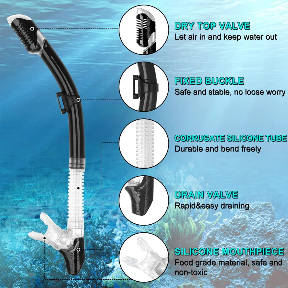 Features of JoyMaySnorkel Set: dry top valve, fixed buckle, corrugated tube, drain valve, and silicone mouthpiece.