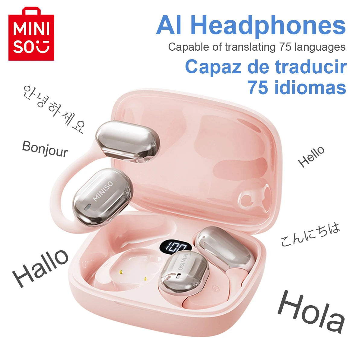 MINISO MS162 Bluetooth translation earbuds in a pink charging case, translating 75 languages with AI technology.