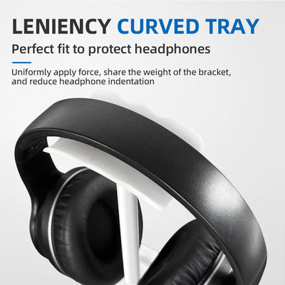 Universal headphone stand with curved tray design for optimal protection and support, ideal for desktop organization.