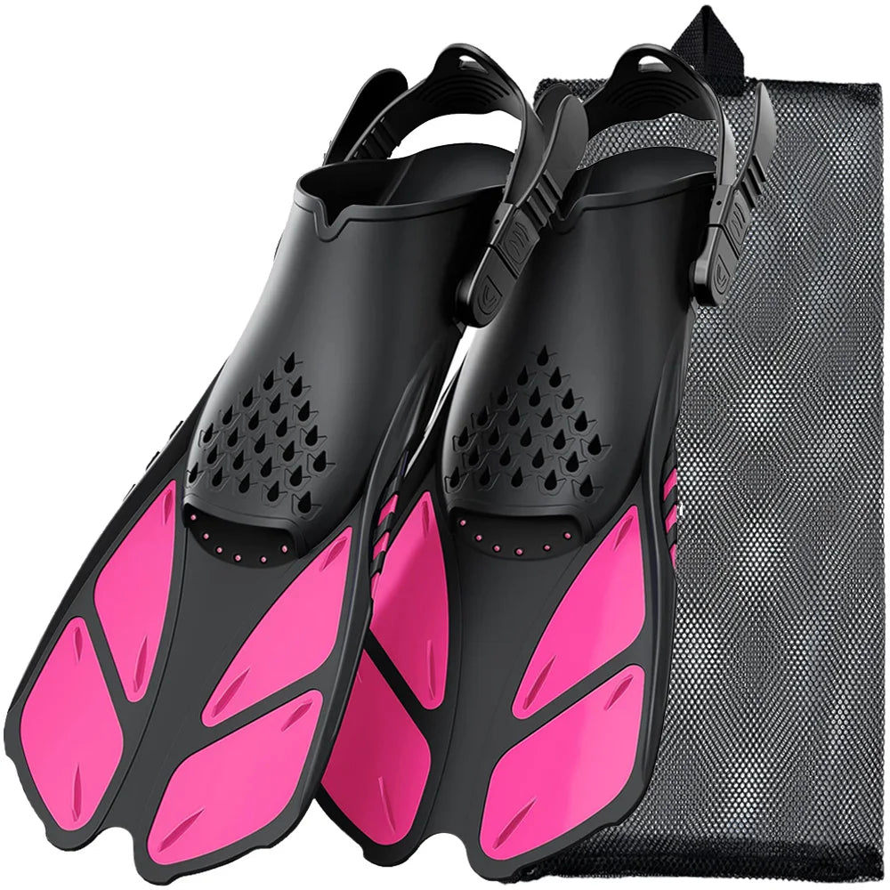 Snorkel fins with adjustable buckles in pink and black silicone, ideal for adults and travel, includes carrying bag.