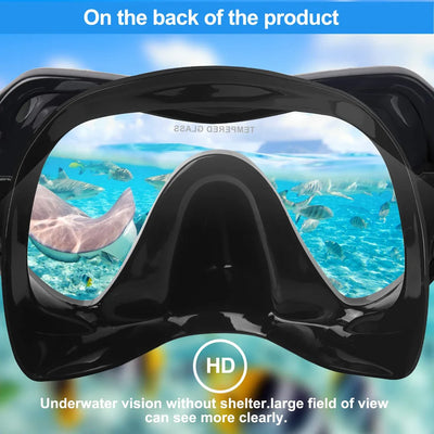 Professional scuba diving mask with tempered glass view, showcasing underwater scenery and marine life.