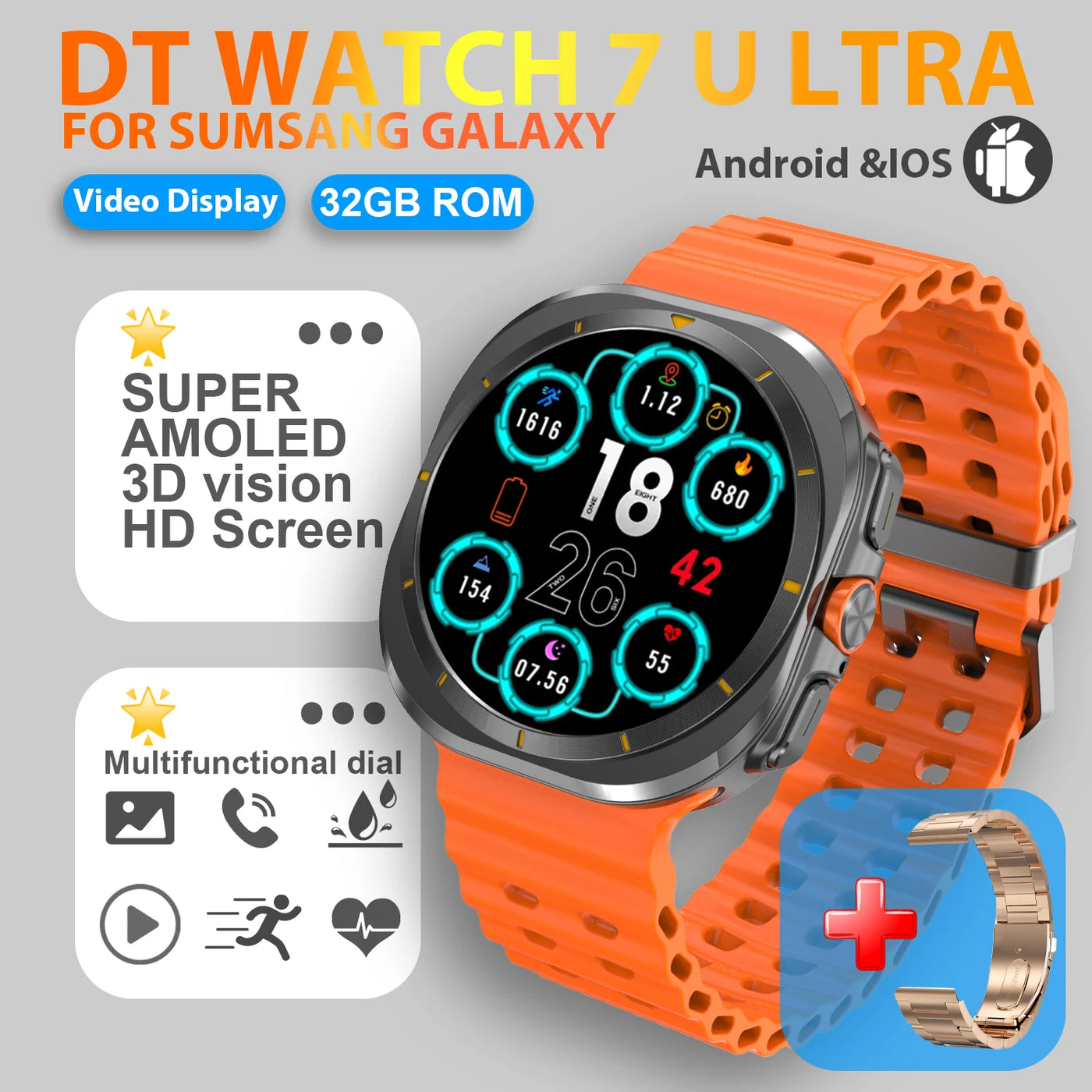 DT Watch 7 Ultra smartwatch with 3D HD screen, orange band, 32GB ROM, for Samsung Galaxy, compatible with Android and iOS.