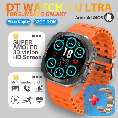 DT Watch 7 Ultra smartwatch with 3D HD screen, orange band, 32GB ROM, for Samsung Galaxy, compatible with Android and iOS.