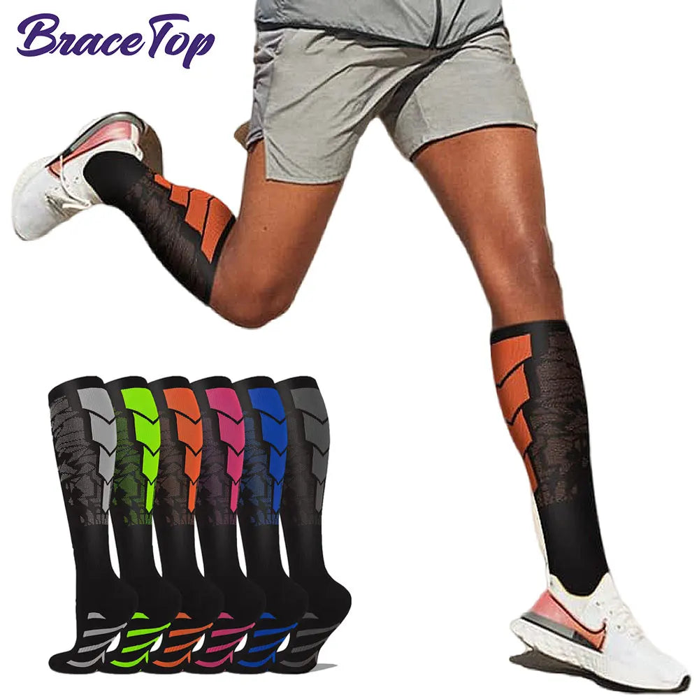 Compression socks for men and women, providing calf support for running, available in multiple colors.