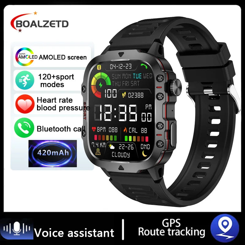 Rugged military smart watch with AMOLED screen, GPS, 120+ sport modes, heart rate monitor, Bluetooth, 420mAh battery.