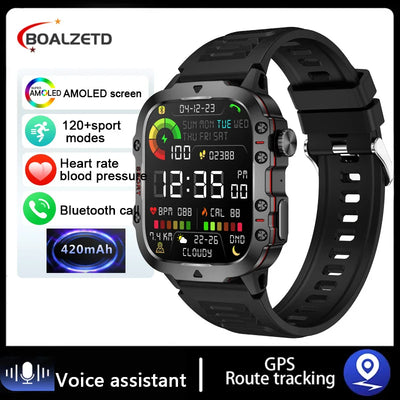 Rugged military smart watch with AMOLED screen, GPS, 120+ sport modes, heart rate monitor, Bluetooth, 420mAh battery.