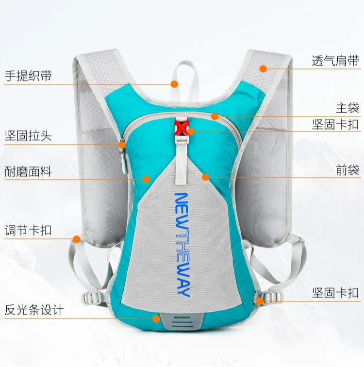 Ultralight waterproof hydration backpack in turquoise and gray for outdoor running and cycling, featuring ergonomic design.