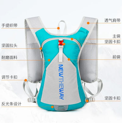 Ultralight waterproof hydration backpack in turquoise and gray for outdoor running and cycling, featuring ergonomic design.