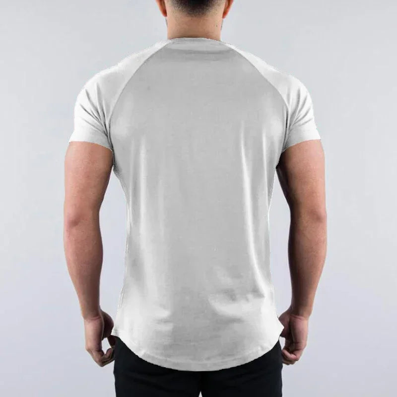 Men's plain summer cotton breathable short sleeve shirt, perfect for gym workouts and bodybuilding fitness.