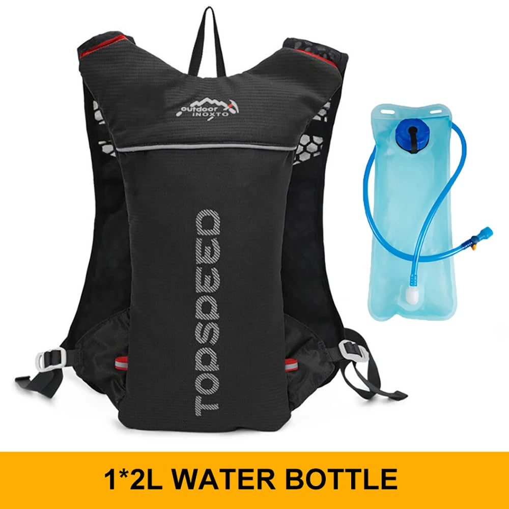 Ultralight hydration running vest with breathable material and included 2L water bottle for outdoor activities.