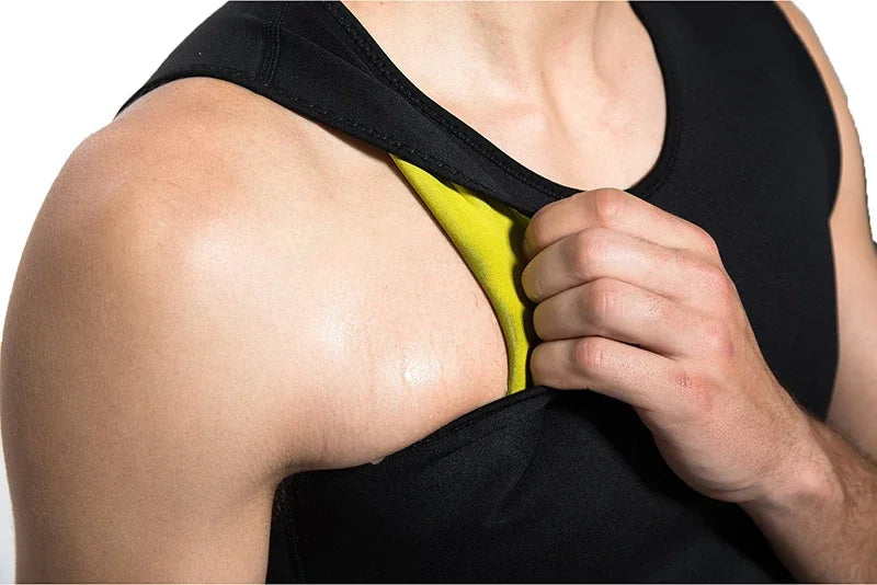 Close-up of a man adjusting a men’s slimming body shaper vest with yellow lining, highlighting its fit and design.