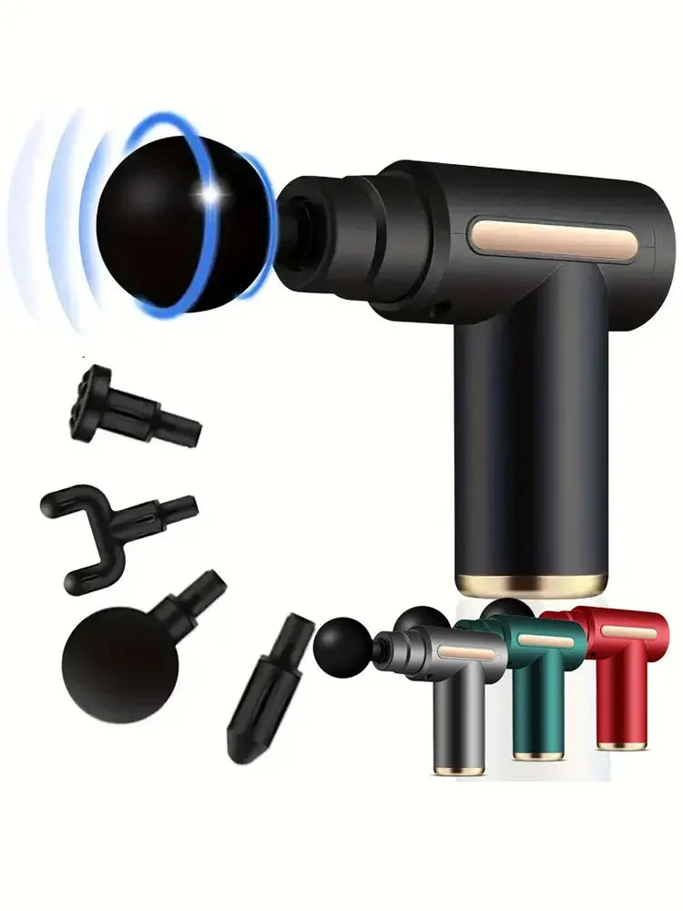 Deep tissue massage gun with multiple attachments, ideal for muscle relaxation and recovery, featuring a sleek design.