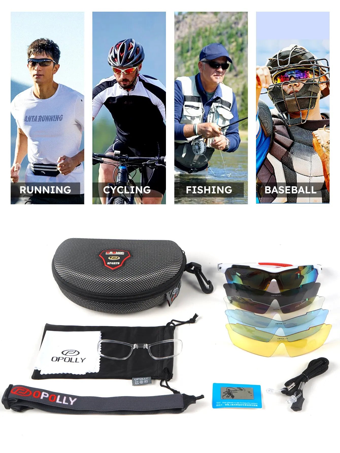 Men's polarized cycling sunglasses with accessory case and interchangeable lenses for sports like running, cycling, fishing, and baseball.