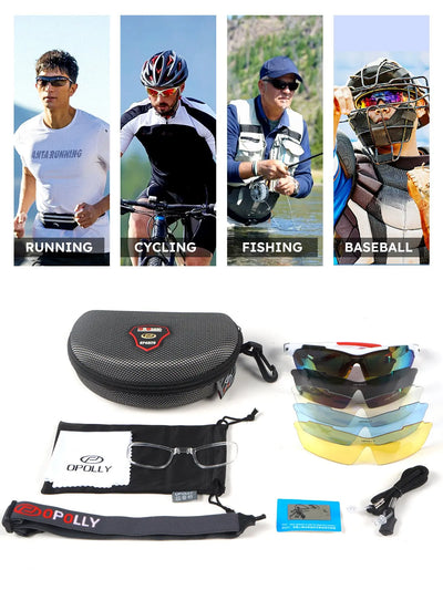 Men's polarized cycling sunglasses with accessory case and interchangeable lenses for sports like running, cycling, fishing, and baseball.