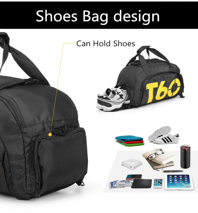 Waterproof gym bag features a shoe compartment, perfect for fitness and outdoor activities, sleek design for men and women.
