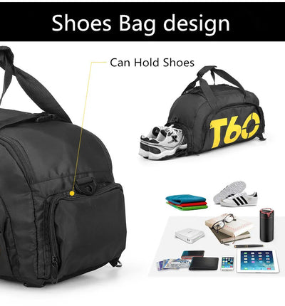 Waterproof gym bag features a shoe compartment, perfect for fitness and outdoor activities, sleek design for men and women.