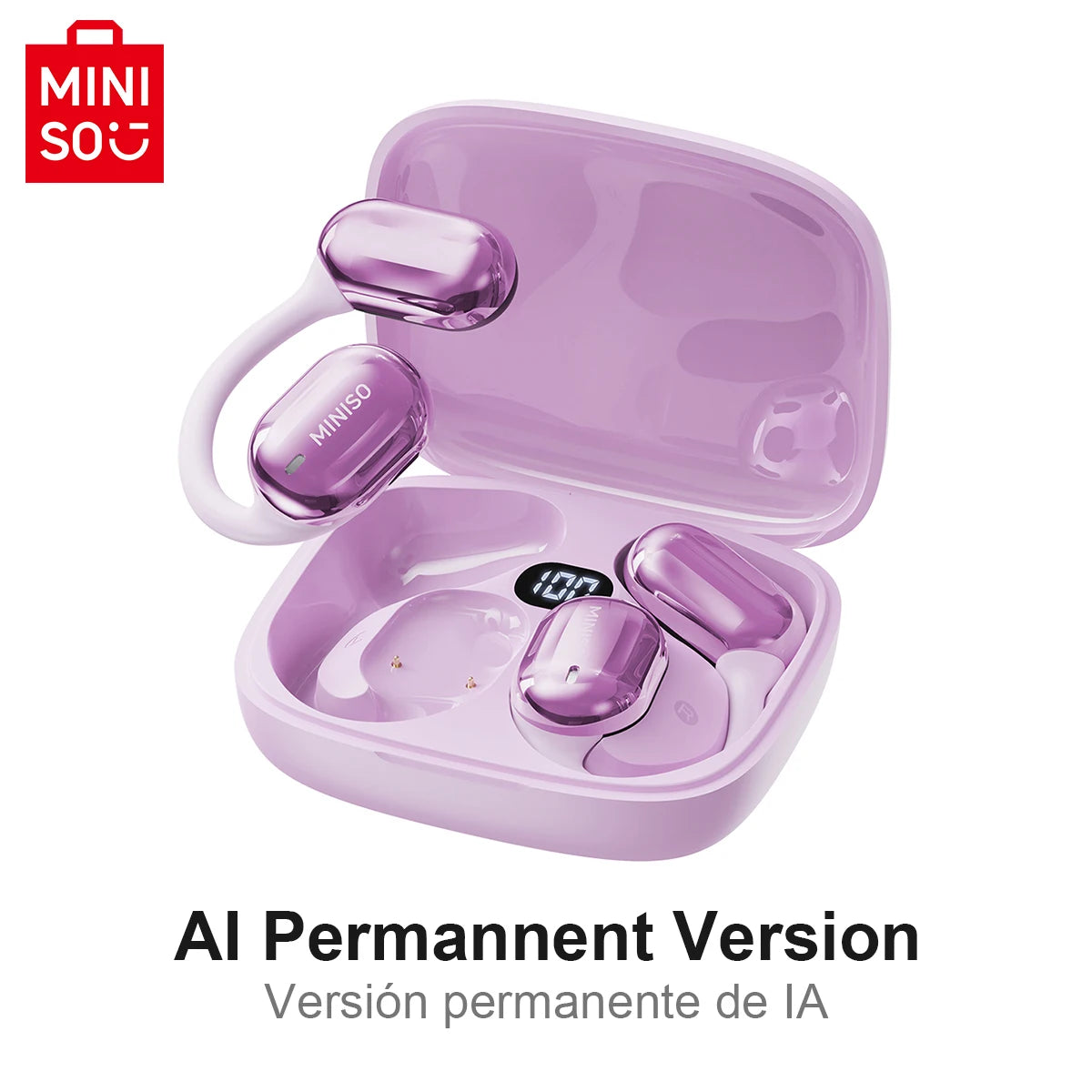 MINISO MS162 Bluetooth Translation Earbuds in purple charging case with digital display and AI features.