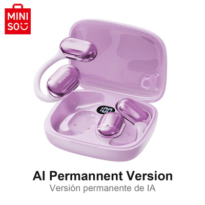 MINISO MS162 Bluetooth Translation Earbuds in purple charging case with digital display and AI features.