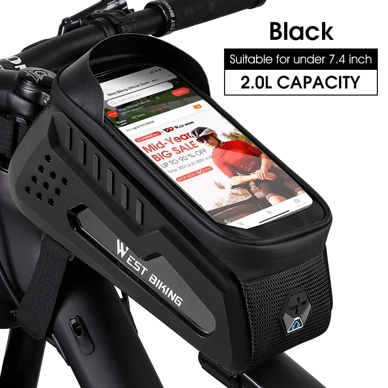 WEST BIKING 7" bike phone bag with waterproof touch screen and 2.0L capacity, suitable for phones under 7.4 inches.