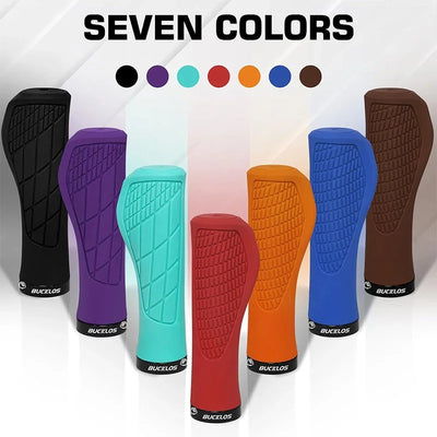 BUCKLOS MTB handlebar grips in seven colors: black, purple, teal, red, orange, blue, brown for ergonomic biking.