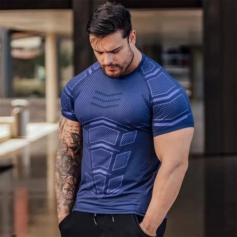 Men's blue compression sports t-shirt, featuring a stylish design, ideal for bodybuilding and fitness training.