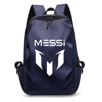 Navy blue Messi backpack with logo, unisex design suitable for college and teens, featuring soft straps and USB port.